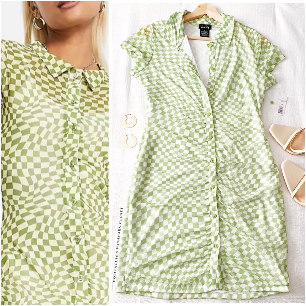 NWT Green & White Checkerboard Print Button Down Mesh Dress